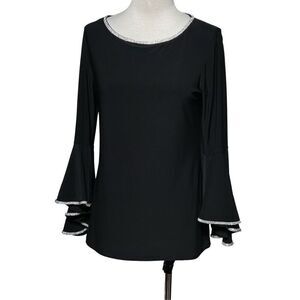Roz & Ali Black Flounce Sleeve Blouse with Rhinestone Trim Small